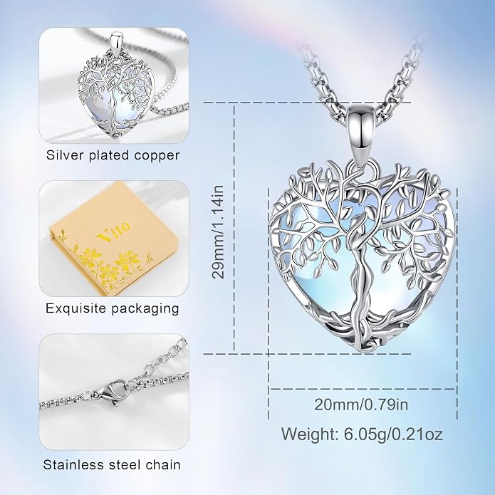 Vito Tree of Life Necklace for Women Men, Silver Plated Copper Teardrop Moonstone/Obsidian/Turquoise/Amethyst/Malachite Crystal Tree Necklace Protection Energy Amulet Jewelry Gift for Mom Wife, 20+2"