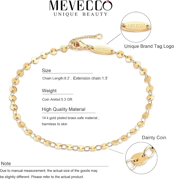 MEVECCO Anklet for Women Gold Chain 14K Gold Plated Dainty Boho Beach Summer Simple Foot Jewelry Ankle Bracelet