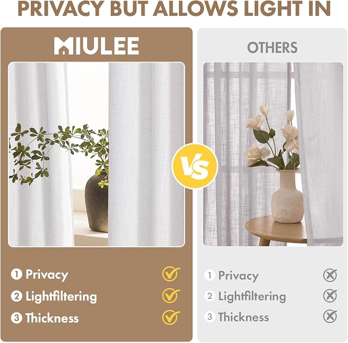MIULEE Thick Linen White Curtains, 42Wx96L, Semi Sheer Linen Textured | Light Filtering Window Privacy Drapes with Back Tab Rod Pocket for Farmhouse/Living Room/Bedroom, Set of 2