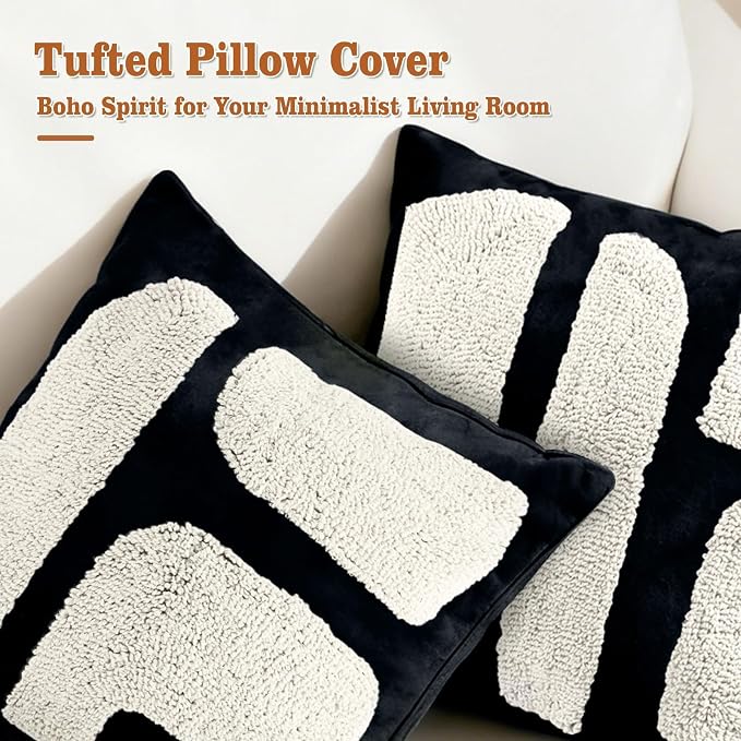 LandIdyll 2 Pcs Black and Cream Chunky Tufted Pillow Covers 18 x 18 Inch Boho Black and White Throw Pillow Covers Set Decorative Modern Abstract Geometric Pillowcase for Living Room Bed Couch Sofa