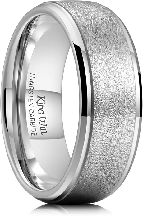 King Will Classic Tungsten Carbide Ring Brushed Two Grooved Center Hammered Design Mens Wedding Band for Men