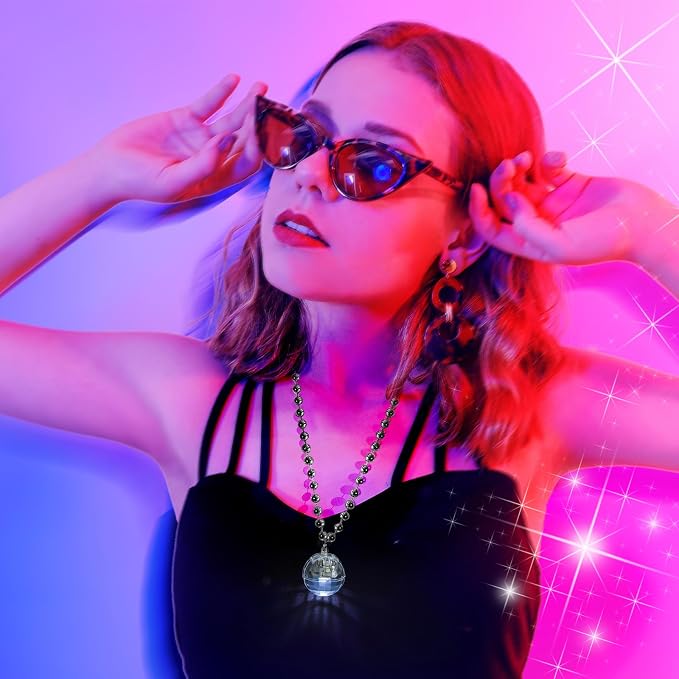 Sasylvia 12 Pcs LED Disco Ball Necklaces Light up Bead Necklaces 70s Disco Party Favors Glow in The Dark Bead Jewelry Costume Accessories for New Year Party Dance Supplies(Silver, White)