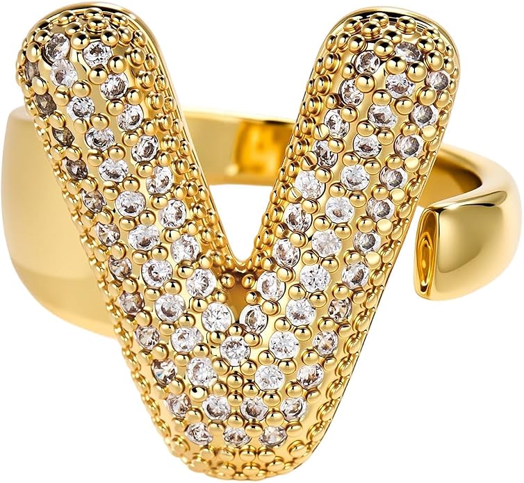 Cicy Bell Initial Rings for Women 14k Gold Plated Cubic Zirconia Delicate Letter Chunky Statement Open Rings Gifts for Her