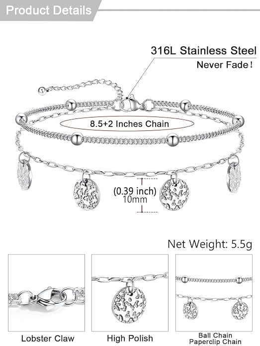 U7 Silver/Gold Ankle Bracelets for Women Layered Chain Anklets Stainless Steel Waterproof Summer Beach Anklet Cham, Adjustable 8.5"-10.5"