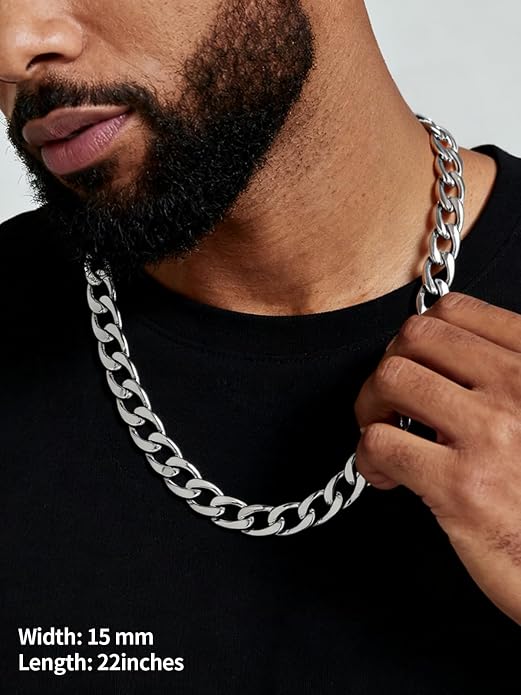 U7 Cuban Link Chain for Men Women Stainless Steel Curb Necklace, 7/9/12/15 MM Chunky Chain Silver/Gold/Black Mens Hip Hop Jewelry 18''-30''