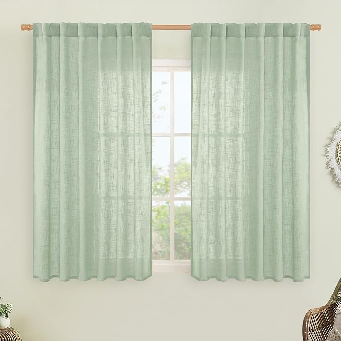 LAMIT Fresh Green Linen Curtains 54 Inch Length, Light Filtering Panels Back Tab and Rod Pocket Neutral Drapes for Living Room/Window/Bedroom, 52 x 54 Inch, 2 Panels