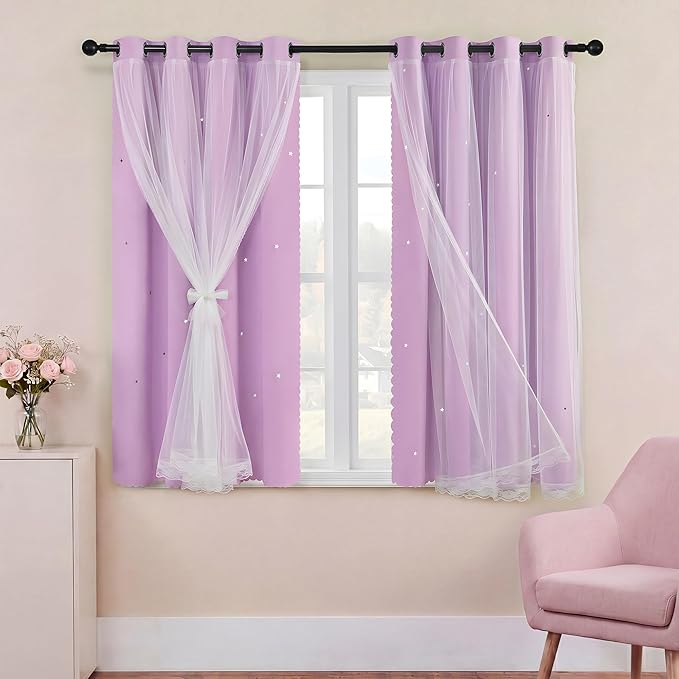 XiDi Purple Blackout Curtains 54 Inch Length for Nursery Kids Girls Bedroom Hollow-Out Star Curtains Room Darkening Drapes Thermal Insulated Grommet Window Treatments Princess Room Decor W52 x L54