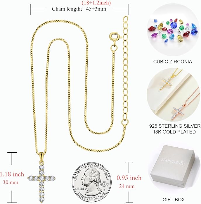 STARCHENIE Cross Necklace Sterling Silver Crucifix Pendant Gemstones Jewelry for Women