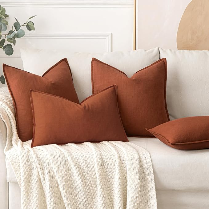 MIULEE Decorative Linen Euro Sham Pillow Covers 24x24 Rust | Boho Farmhouse Fall Autumn Couch Throw Pillows for Bed, Pack of 2 Accent Modern Pillowcases, Sofa Livingroom Home Decor