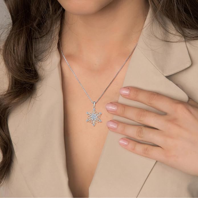 925 Sterling Silver Snowflake Necklace Birthstone Snowflake Pendant Necklaces for Women Cubic Zirconia Christmas Jewelry