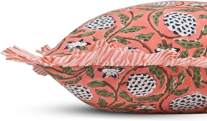 Ridhi Block Print Dark Salmon Pink Throw Pillow Cover 16" x 16" (Pack of 2) Decorative Cushion Covers with Ruffle for Couch, Sofa, Bed, Living Room, Home Decor Gift for Spring, Easter, Valentine