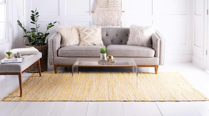 Unique Loom Chindi Cotton Collection Soft Hand Woven Natural Fiber Striped Area Rug, 8 ft x 10 ft, Yellow/Ivory