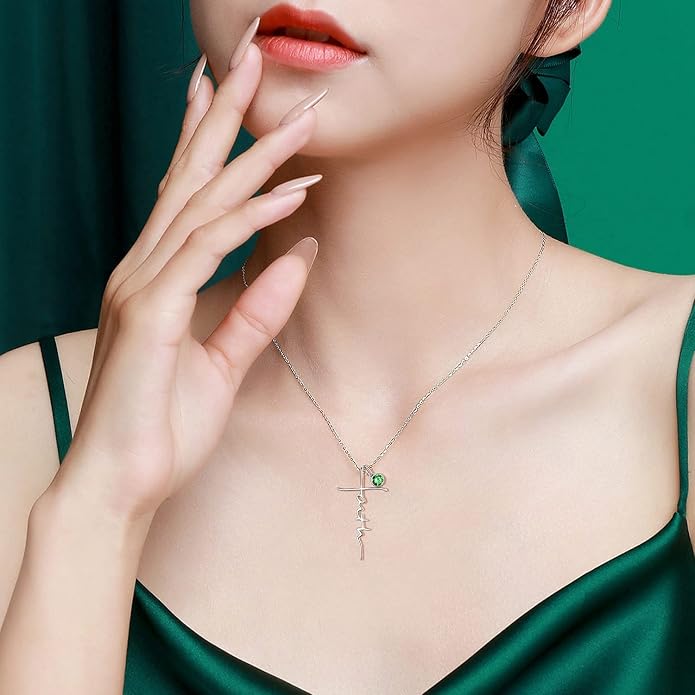 PRAYMOS Faith Cross Necklace for Women 925 Sterling Silver Pendant Necklace With Birthstone Initial Christian Religious Confirmation Baptism Mothers Day Gifts
