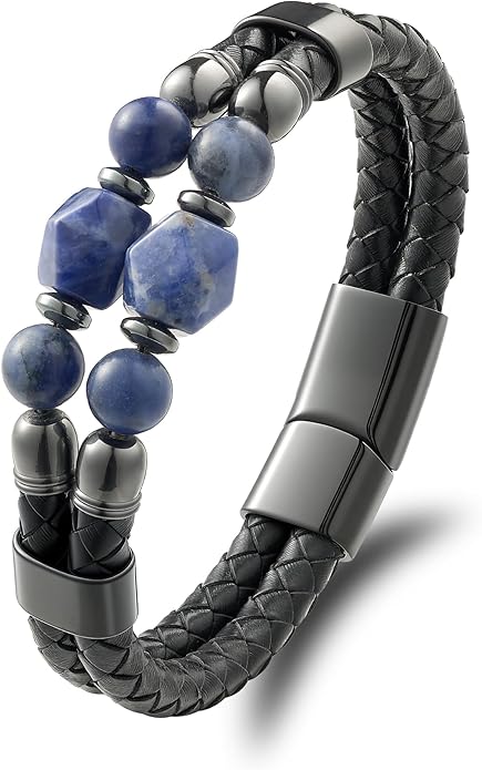 Black Braided Leather Bracelet for Men with Turquoise, Lapis Lazuli, Tiger Eye, Obsidian Stone Double-Row Wristband Beads with Stainless Steel Clasp Fashion Jewelry Gift for Him