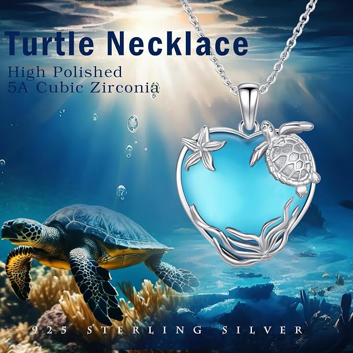 Sea Turtle/Seaweed Necklace for Women 925 Sterling Silver Heart of the Ocean Moonstone Pendant Necklace Turtle Moonstone Jewelry Gift for Wife Mom