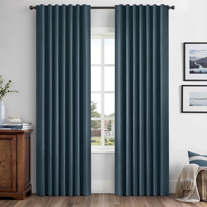 MIULEE 100% Blackout Linen Curtains 42 x 90 Inch Navy Blue 2 Panels | Thermal Insulated, Room Darkening Drapes for Bedroom Living Room, Back Tab Rod Pocket Pinch Pleated, Solid Luxury Decor