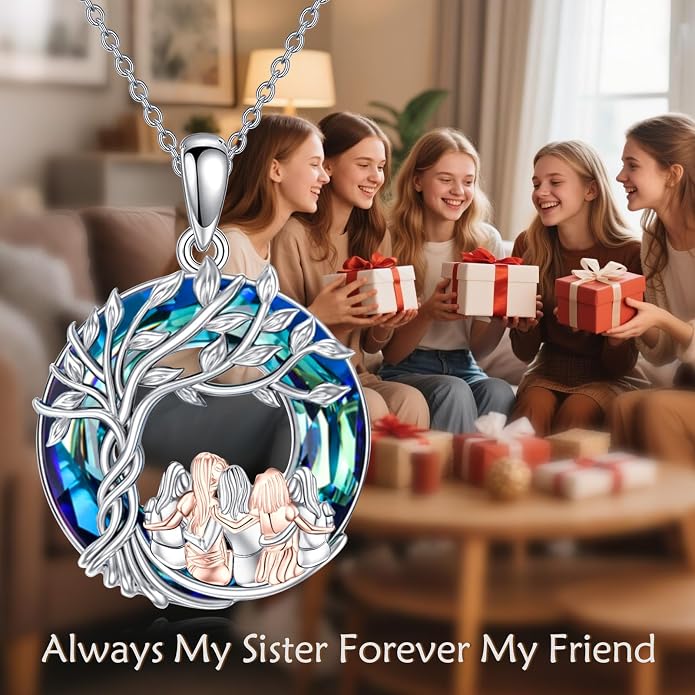 Sisters Necklace Sterling Silver Always My Sister Forever My Friend Jewelry Tree of Life Palm Trees Necklace for Women Female Friendship Jewelry