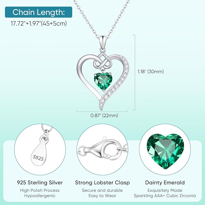 925 Sterling Silver Birthstone Heart Necklace for Women - Infinity Love Pendant with Cubic Zirconia, 12 Colors, Valentine's Day Gift for Her, 12 Months, Birthday Anniversary Christmas Jewelry Gifts