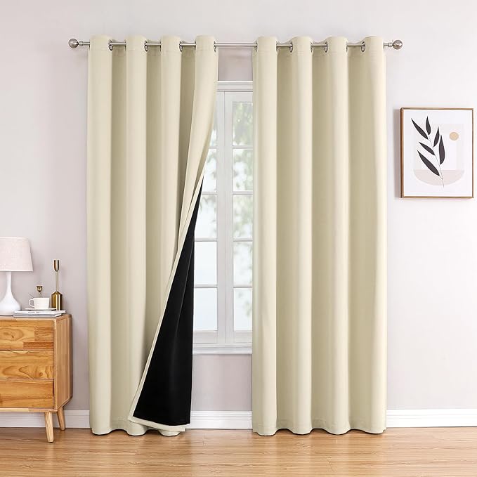 ChrisDowa 100% Blackout Curtains for Bedroom 84 Inches Long 2 Panels Set | 2 Thick Layers, Thermal Insulated, Light Blocking, Grommet, Window Treatment, Living Room Drapes, Light Beige, 52 x 84 Inch