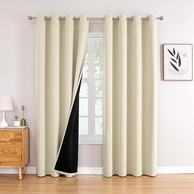 ChrisDowa 100% Blackout Curtains for Bedroom 80 Inches Long 2 Panels Set | 2 Thick Layers, Thermal Insulated, Light Blocking, Grommet, Window Treatment, Living Room Drapes, Light Beige, 52 x 80 Inch