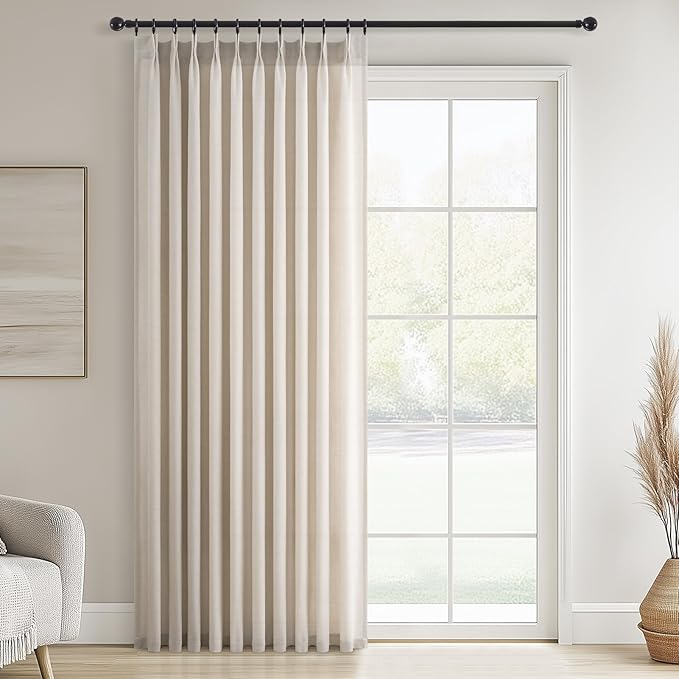 Topfinel 96 Inches Long Pinch Pleated Semi Sheer Curtains,Oatmeal Linen Blended Light Filtering Window Curtains 96 Length for Living Room Bedroom Pinch Pleat Drapes with Hooks 1 Panels 60" Wx96 L