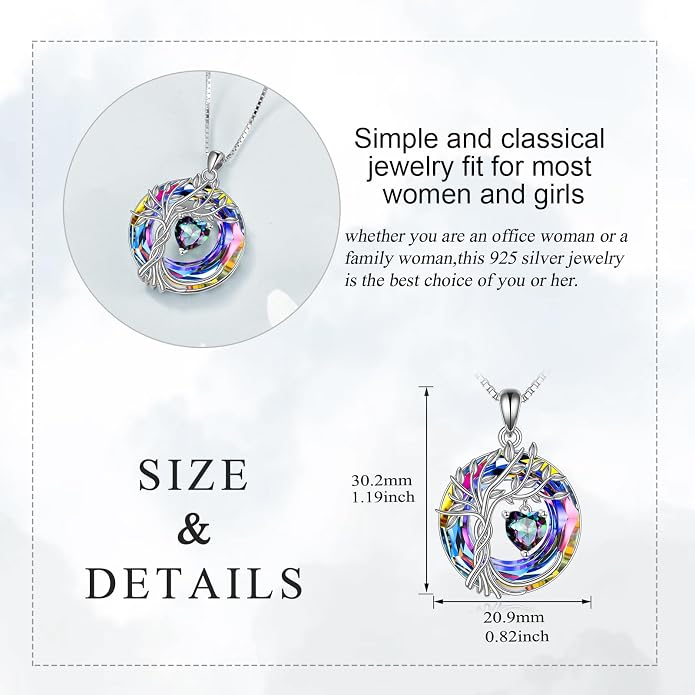 POPLYKE Mothers Day Gifts for Mom Her Wife Tree of Life Necklace 925 Sterling Silver Birthstone Pendant with Crystal Anniversary Birthday Wedding Jewelry for Women