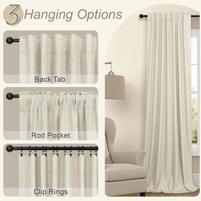 Black Out Curtains 108 Inch Long 2 Panel Set Burlap Primitive Cottage Linen Textured Total Blackout Patio Door Curtain for Living Room Darkening Soundproof Curtains for Bedroom 9ft Back Tab Tan Beige