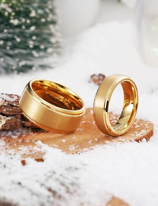 King Will Tungsten Carbide Wedding Band for Men Women-4/6/8mm Width 14K Gold Plated Tungsten Wedding Ring Matte Brushed & High Polished Style Comfort Fit Wedding Band Size 6-14