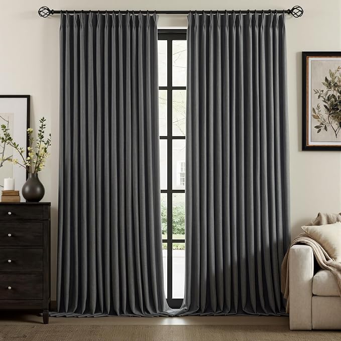 IVAPUPU Dark Grey Pinch Pleated Full Blackout Linen Curtains for Bedroom, Black Out Curtains 102 Inches Long for Living Room Darkening Thermal Insulated Neutral Pleat Drapes with 16 Hooks, 2 Panels