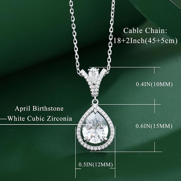 Birthstone Necklace 925 Sterling Silver Tear Drop 5A Cubic Zirconia Pendant Necklace Jewelry Birthday Gifts for Women