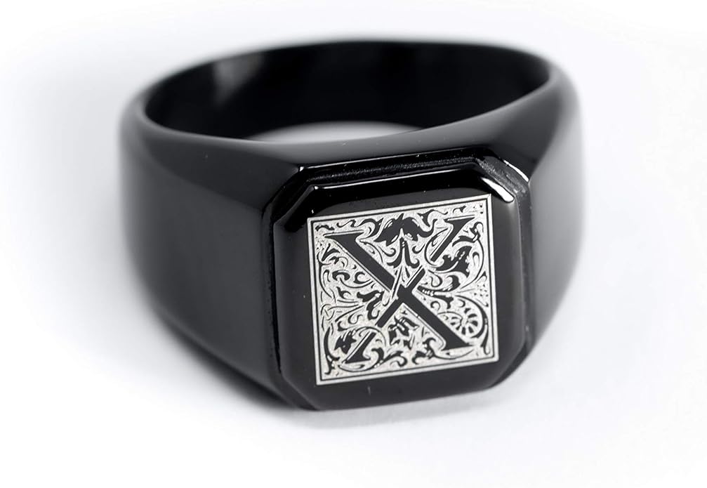 Jewelry | Stainless Steel Letter Alphabet Initial Ring | Square Flat Top Ring for Men & Women | Stainless Steel Jewelry, (Black, Gold, Silver), Size 7-16