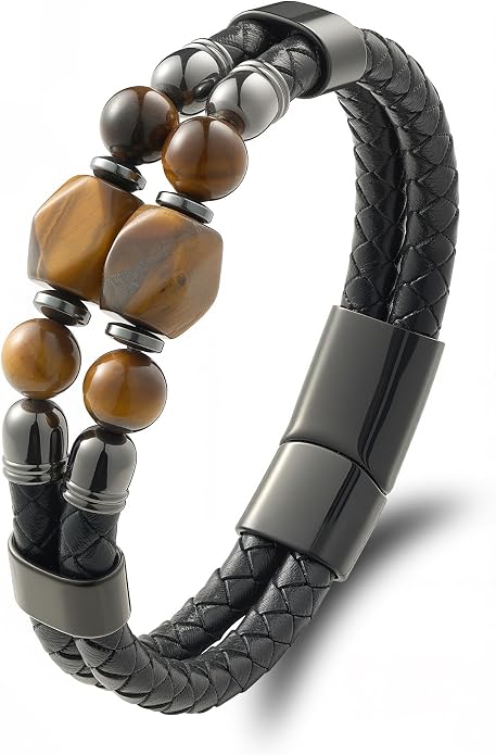 Black Braided Leather Bracelet for Men with Turquoise, Lapis Lazuli, Tiger Eye, Obsidian Stone Double-Row Wristband Beads with Stainless Steel Clasp Fashion Jewelry Gift for Him
