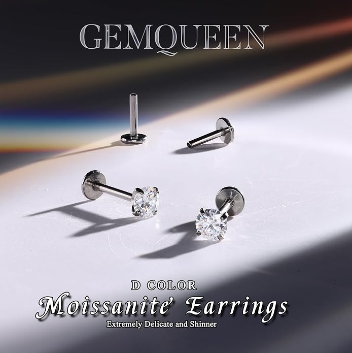 GEMQUEEN Moissanite Earrings G23 Titanium Extended Internal Thread Flat Back Earrings Hypoallergenic Tragus Cartilage Helix Conch Piercing Jewelry for Women Men 18G 6/8mm Post Gray/D Color 0.2-3CT