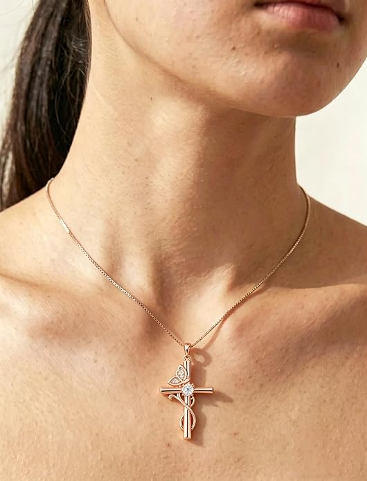 STARCHENIE Butterfly Cross Necklace 925 Sterling Silver Crucifix Pendant Birthstone Jewelry for Women