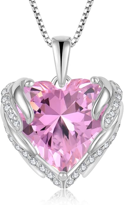 Angel Wings Necklace for Women 925 Sterling Silver Cubic Zirconia Love Heart Birthstone Pendant Necklaces