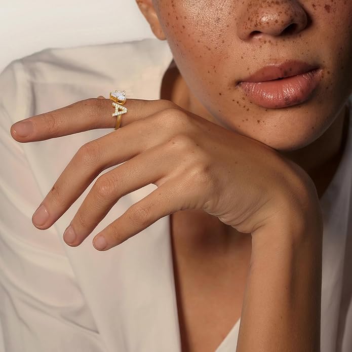 KissYan Sterling Silver Initial Heart Ring for Women, S925 Letter Rings 14K Gold Plated Open Adjustable Dainty Pave CZ Personalized Fashion Trendy Gifts for Mother's Day