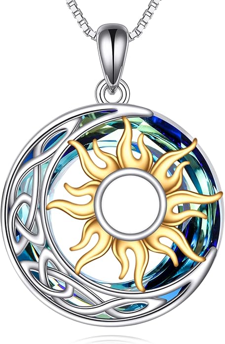 Sun and Moon Necklace for Women 925 Sterling Silver Celtic Crescent Moon Pendant Blue Opal/White Opal/Abelone Shell/Labradorite/Moonstone Jewelry Gift for Teen Girls