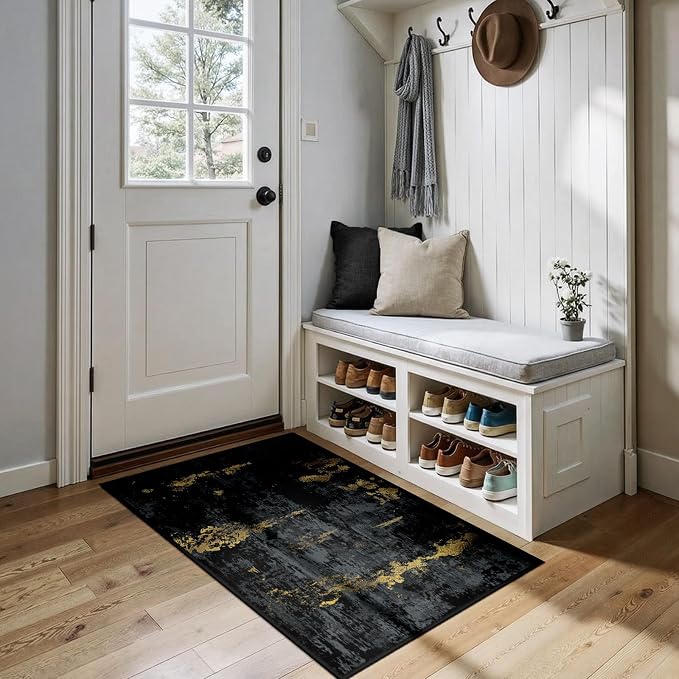 RELEANY Washable Area Rugs 2'x4' Non-Slip Modern Abstract Soft for Living Room Entryway Bedroom Kitchen, Print Pattern, Dark Black Gold