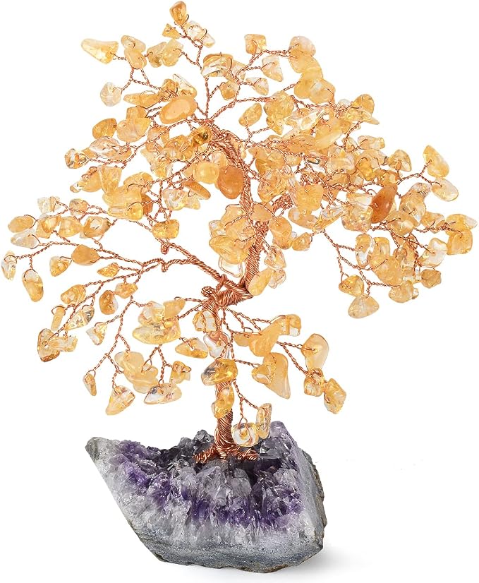 Natural Citrine Crystal Tree with Amethyst Geode Base,Crystal Ornaments Feng Shui Bonsai Money Tree,Chakra Balancing Positive Energy Figurings Decor 5.5"-6.3"