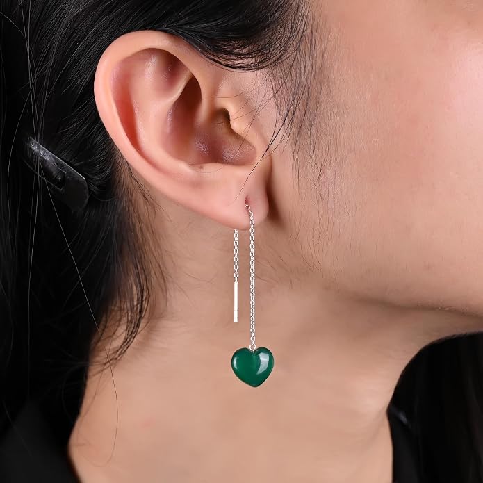 Gemstone Heart Shaped Threader Earrings in 925 Sterling Silver, Pull Through Adjustable, Versatile & Trendy, Perfect Valentine's Gift for Women, Choice of Gemstone Available