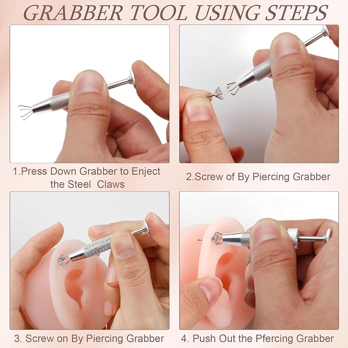 ONESING 2Pcs Piercing Ball Grabber Tool for Changing Jewelry, Stianless Steel Flat Back Earring Applicator Internally Threaded Push Pin Piercing Grabber Tool, Anti Slip 4 Claw Gem Ball Grabber Tool