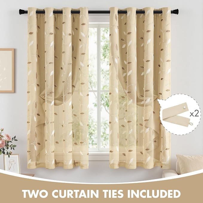 MIULEE Beige Double Layer Curtains 63 Inches Long, Leaf Patterned Sheer Floral Drapes and Blackout Room Darkening Window Curtains for Living Room Bedroom, Grommets Top, 52" W x 63" L, 2 Panels