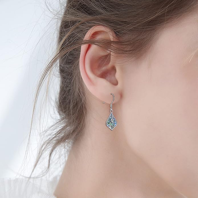 CRMAD Hummingbird/Bee/Leaves/Sunflower/Daisy/Dragonfly/Rose/Lotus Flower Sterling Silver Filigree Teardrop Earrings Abalone Shell Jewelry for Women