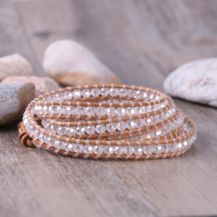 KELITCH Women Friendship Bracelets Crystal Beads 5 Wrap Bracelet Leather Handmade Boho Jewelry