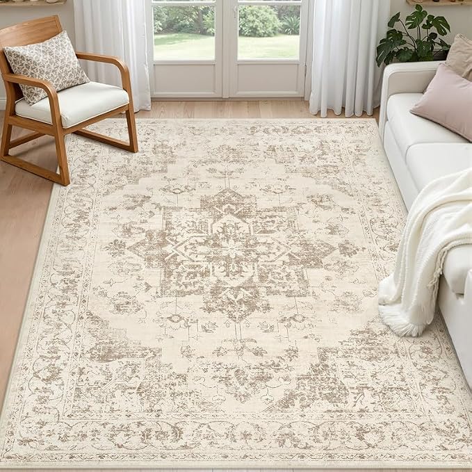 3x5 Area Rugs for Living Room: Vintage Boho Neutral Washable Rug Indoor Soft Large Area Rug Carpet for Bedroom Nursery Farmhouse Dining Room Office Floor Non-Slip Low Pile Under Table Rug Beige/Ivory
