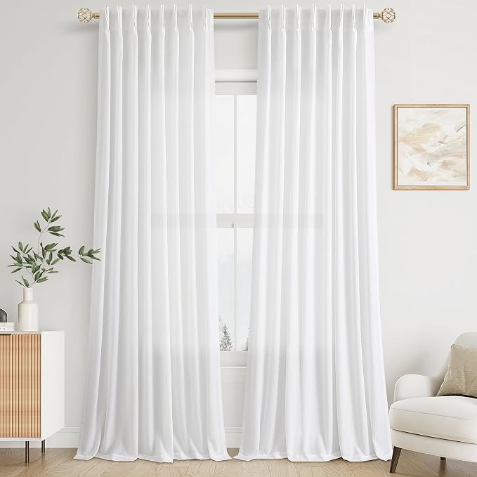 Aersas Soft White Pinch Pleat Linen Curtains 90 Inch Length 2 Panels Set for Bedroom Dining Room Semi Sheer Linen Boho Farmhouse Neutral Window Curtains 90 Inches Long for Living Room Nursery 50x90