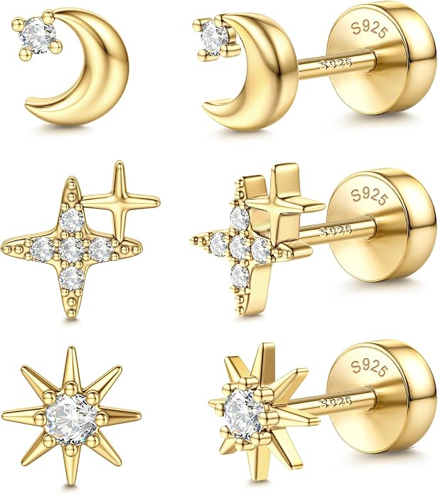 14K Gold Plated Solid 925 Sterling Silver Post Flat Back Earrings Stud | Cartilage Helix Conch Tragus Piercing Jewelry 3 Pairs Tiny Screw Dainty CZ Opal Earring Set Men Women
