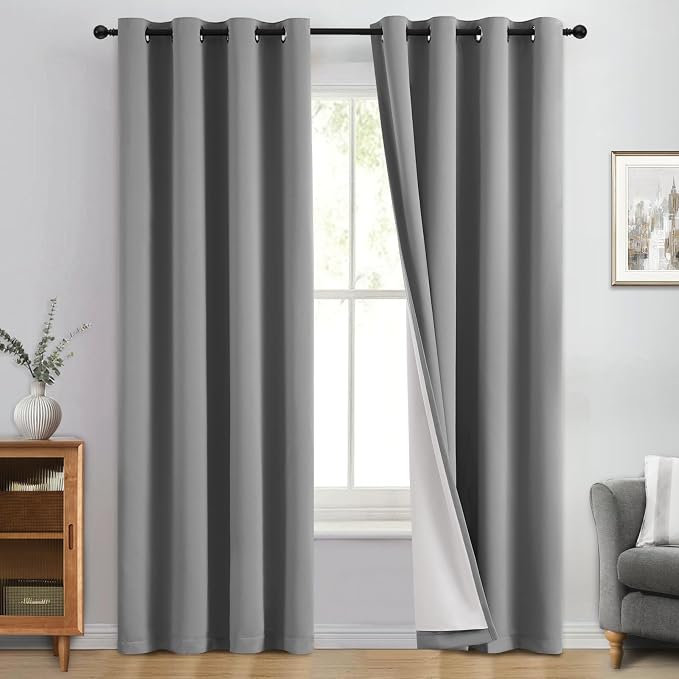Yakamok Dove Grey 100% Blackout Curtains 84 Inches Long 50" Wide 2 Panel | Blackout Curtain Panels for Bedroom, 2 Thick Layers Grommet Top Thermal Insulated Drapes with White Back for Living Room