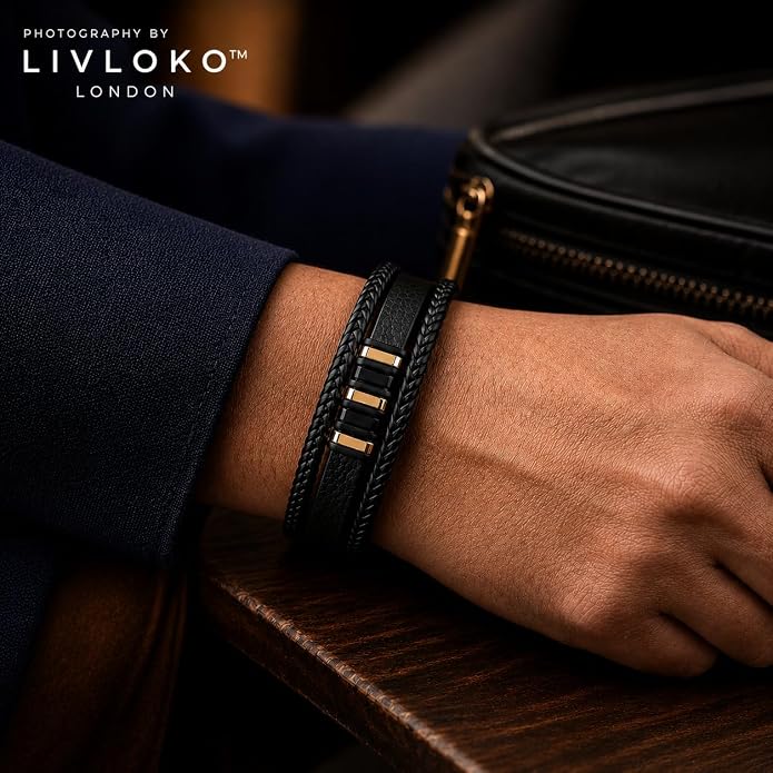 LONDON Mens Bracelet Leather Black Multi-Layer Stone Beads Adjustable Steel Clasp Viking Rope Bands Surfer Man Wristband Male UK Jewellery Gift box Boyfriend Dad Son Brother Tiger Eye