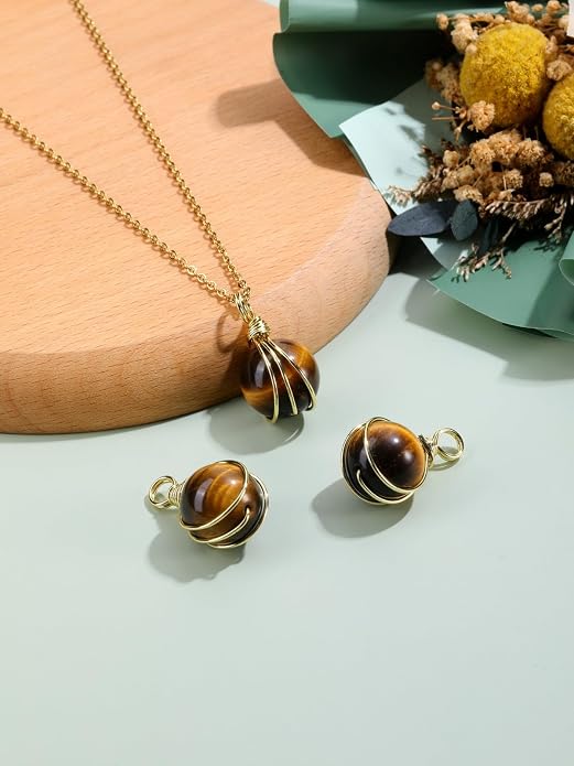 Jovivi Healing Crystal Stone Pendant Necklace Gold Wire Wrapped 16mm Natural Round Gemstone Ball Crystal Necklace for Women Men Reiki Quartz Jewelry